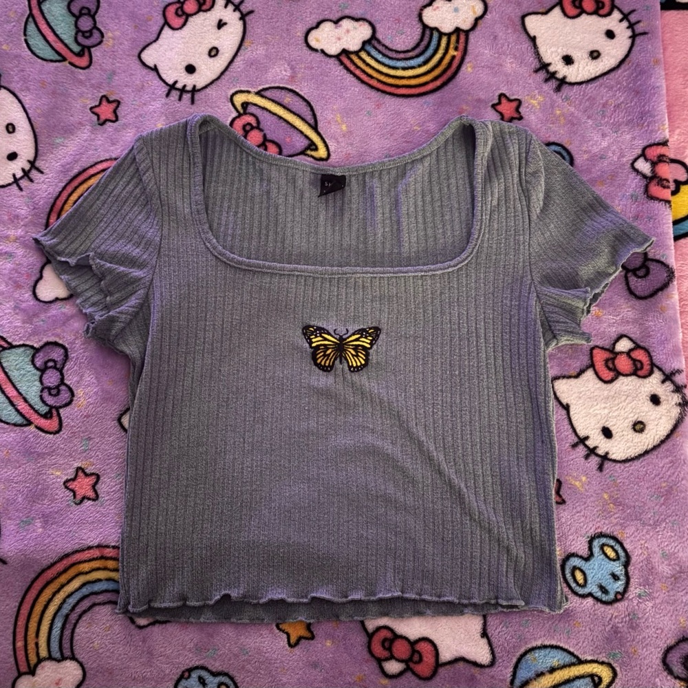 SHEIN Ribbed Blue Crop Top with Butterfly Accent